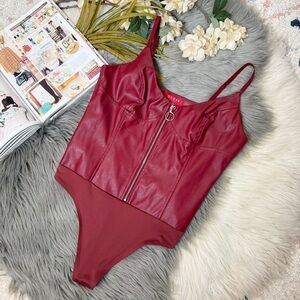 NWT Guess Red Corset Faux Leather Women’s One Piece Thong Bodysuit Sz L